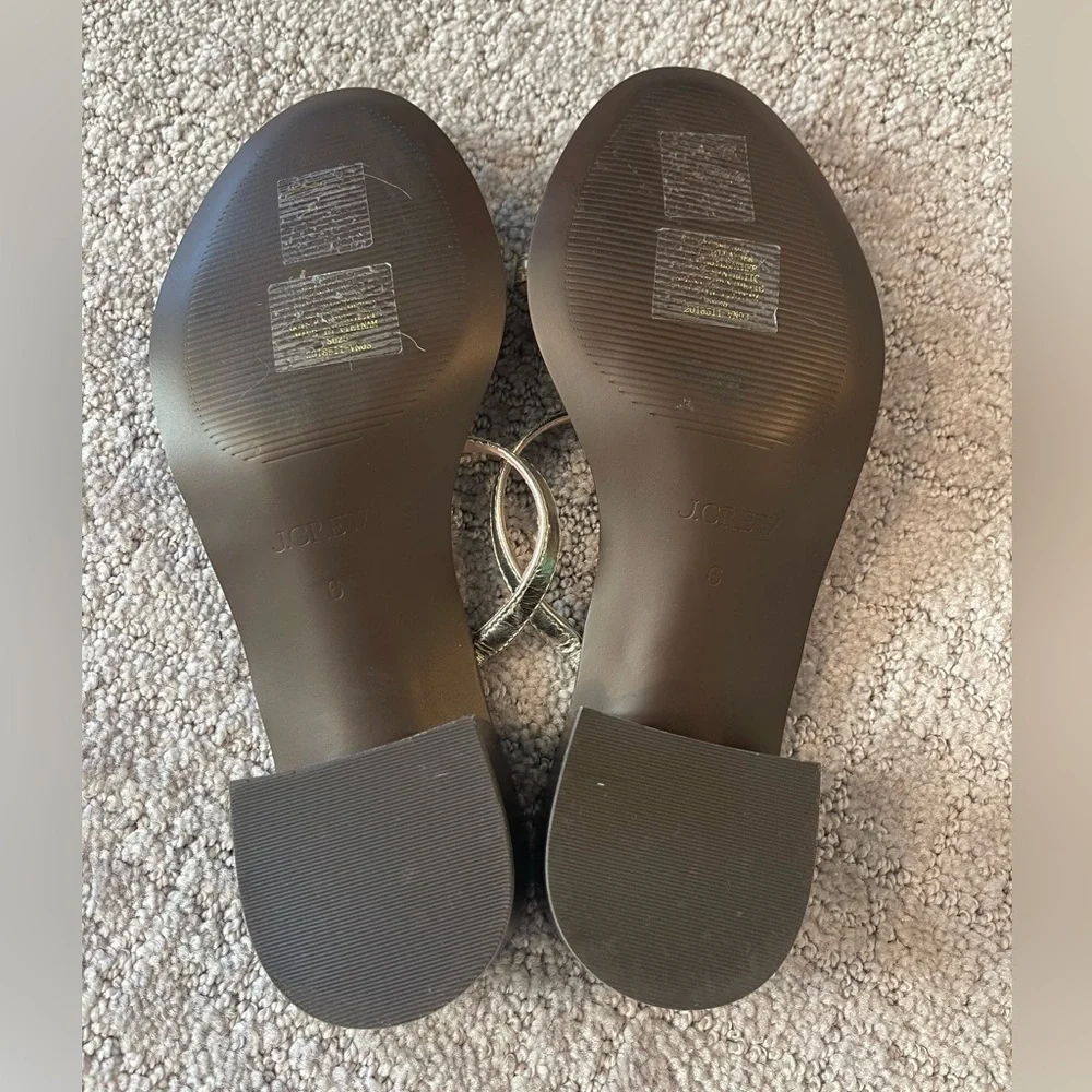 J. Crew Metallic and Brown Strappy Toe Ring Sandals, Stacked 2” Block Heel, 6